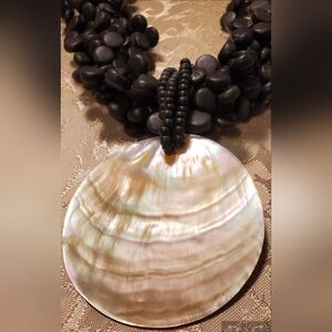 Black Vintage Coin Wood Bead  Mother of Pearl Shell Multi Strand Necklace